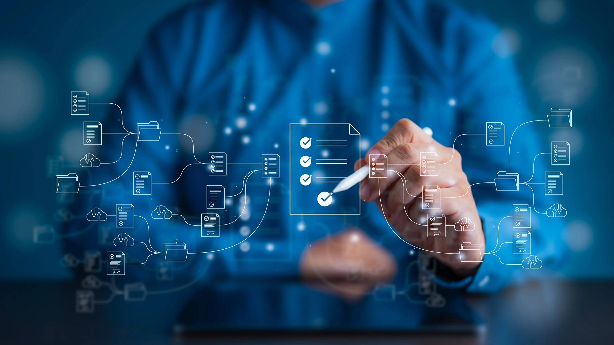 Graphic showing someone with a stylus working on a touchscreen surface floating in front of them.
