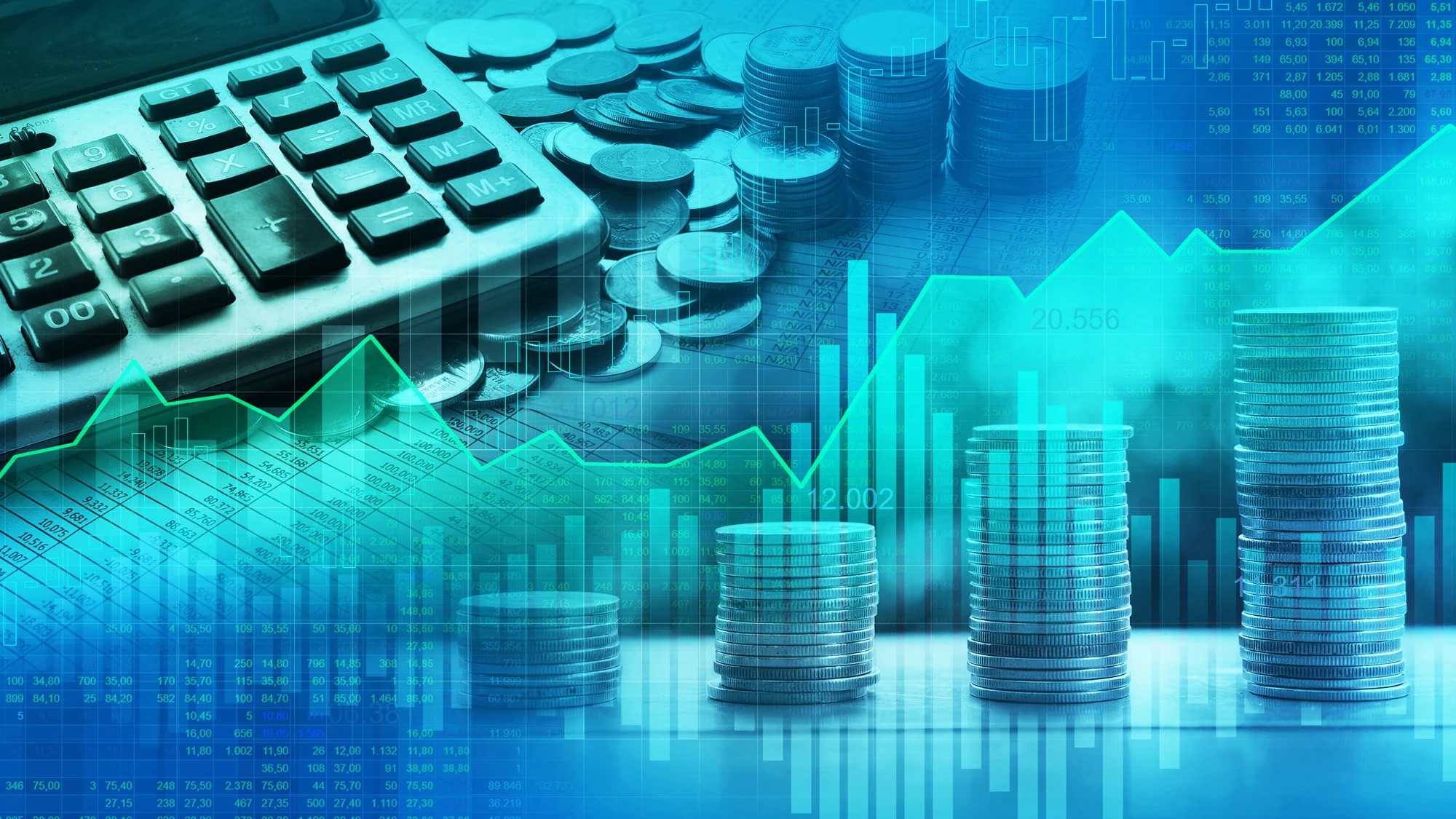 A graphic showing a calculator, stacks of coins and various line and bar charts in the background.