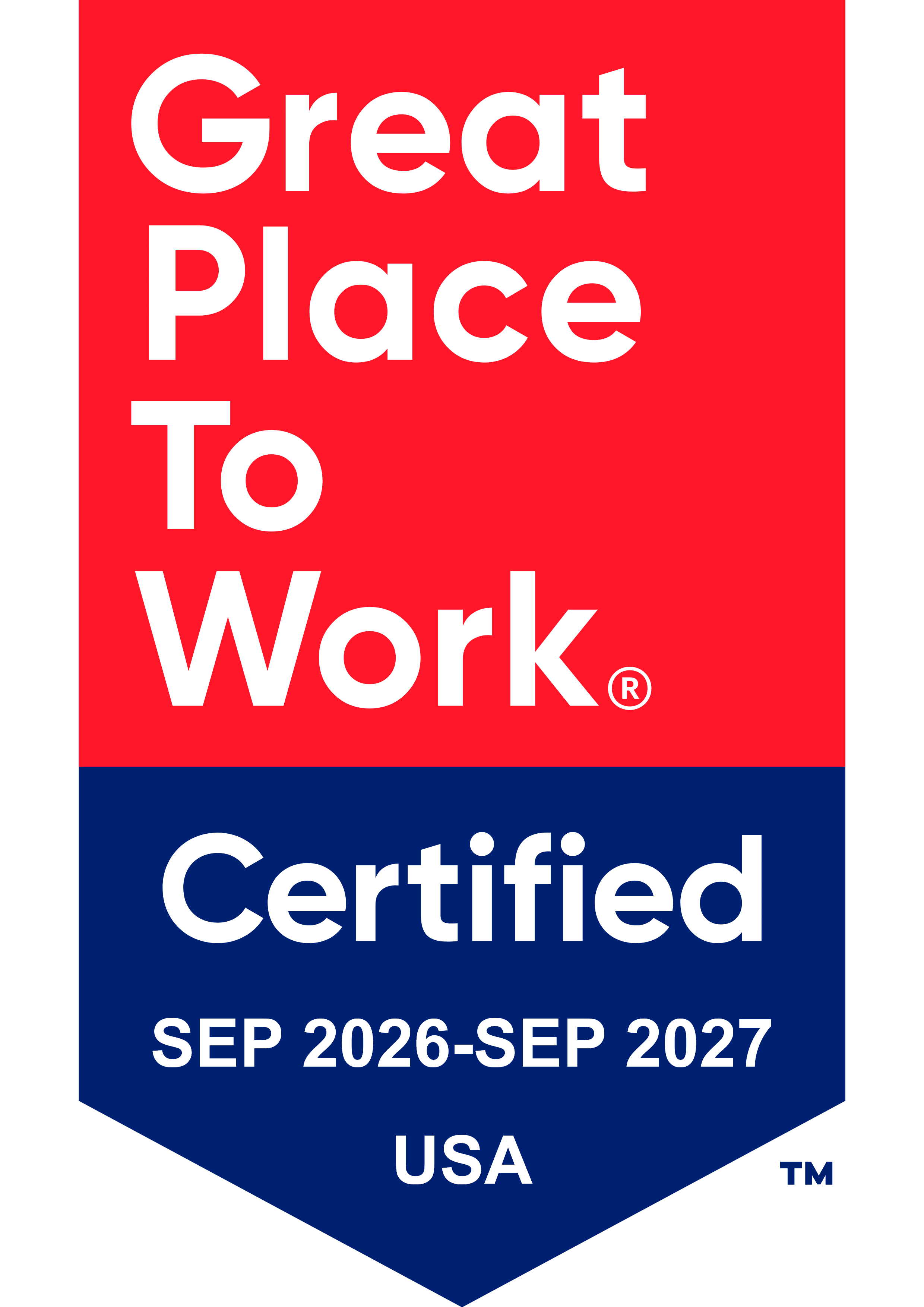Graphic/Badge that reads "Great Place to Work - Certified Sep 2026-Sep 2027 USA"
